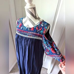 New Directions Navy Batik Embroidered Mini Dress